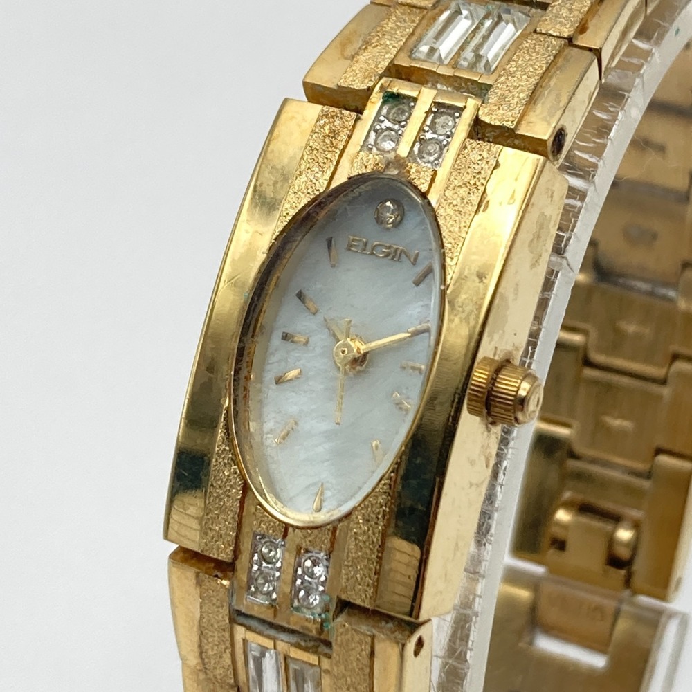 Elgin Women's Watch 15mm Gold Tone Crystals Bling MOP Oval New Battery 6.75"